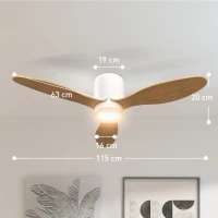 HOMCOM Plafondventilator met instelbare verlichting en afstandsbediening 115 cm, 3 kleuren, 3 bladen, 6 snelheden, timer, Naturel(m-3)