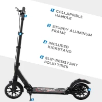 HOMCOM Adult Teens Kick Scooter Foldable Height Adjustable Aluminium Ride On Toy for 14+ w/ Rear Wheel & Hand Brake, 200mm Big Wheels, Shock Mitigation System - Black(m-8)