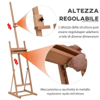 HOMCOM Cavalletto da Pittore Regolabile in Legno di Faggio con Vano Contenitore, 53x50.5x171-230cm(m-4)