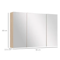 kleankin Specchio Bagno Contenitore con 3 Ante a Specchio Soft Close, Specchiera Bagno con Ripiani Regolabili in Legno e Vetro, 90x13.5x60 cm, Color Legno(m-3)