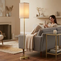 HOMCOM Floor Lamp, Modern Standing Lamp with Linen Shade and Foot Switch, Tall Lamps for Bedroom, Bulb not Included, Gold Tone(m-14)