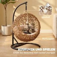 PawHut Rattan kattenmand met wasbaar kussen en speelbal, voor katten tot 10 kg, 45 x 41 x 75 cm, lichtbruin(m-5)