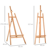 HOMCOM Cavalletto per Pittura Treppiede con Supporto per Tela Regolabile in Legno di Faggio, 65x68x174-230 cm(m-3)