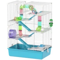 PawHut 6 Tier Hamster Cage, Small Animal Cage with Tubes, Exercise Wheel, Ramps, Hut, Food Dish, Water Bottle, Light Blue(m-11)