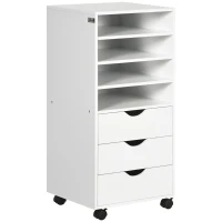 Vinsetto Cassettiera da Ufficio con 4 Ruote 4 Ripiani 3 Cassetti, Legno Bianco(m-11)