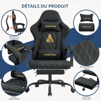 Fauteuil gaming avec repose-pieds, coussin doux pour la nuque et les lombaires, coussin de soutien amovible, 60x60x122 cm, Noir(m-5)