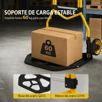 HOMCOM Carretilla Plegable con Mango Telescópico Ajustable Carga 60 kg Carretilla de Mano con Ruedas para Garaje Amarillo(m-14)