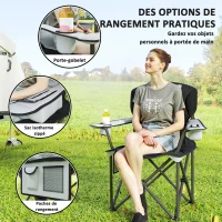 Outsunny Chaise de camping pliante avec accoudoirs réglables, porte-gobelets, poches latérales et sac de refroidissement, noir(m-6)