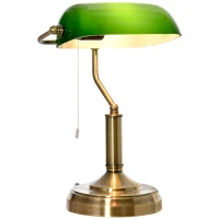 HOMCOM Lámpara de Mesa Tipo Banquero con Interruptor de Cuerda y Pantalla de Cristal Bombilla Requerida E27 de Máx. 40W Metal para Dormitorio Sala de Estar 27,5x17,5x39 cm Verde(m-10)