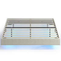 HOMCOM Cama Flutuante 160 x 200 cm com Iluminação LED Inteligente, Estrado de Casal Estofado em Linho, Montagem Fácil, Bege(m-1)