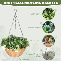 HOMCOM Pack of 2 Faux Plant Artificial Lisianthus Flowers, Hanging Planters with Basket, PE Leaves, 18 Flowers and 3 Pinecones, Decorative Faux Plants for Home Office Decor, Green(m-4)