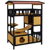 PawHut Kattenhuis, Kattenparadijs met Platformen, Hangbrug en Kattenholen, Geschikt voor tot 2 Katten, Hout(m-1)