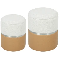 HOMCOM Nesting Round Ottoman with Storage Set of 2 - Cream/Brown(m-1)