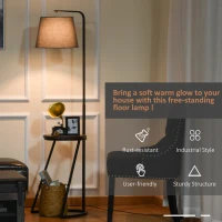 HOMCOM 165cm Unique Floor Lamp & Middle Wood Shelf Industrial Style Steel Frame Curved Base Home Office Lighting Storage Brown&Black(m-7)
