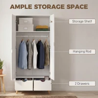 HOMCOM Elegant Home Storage Organisation Furniture, 2-Door Clothes Wardrobe with 2 Drawers, Wood Feet, White(m-4)
