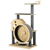 PawHut Kattenboom met loopwiel krabpaal met 4 verdiepingen kattenhuis met sisalpalen massief hout(m-10)