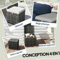 Outsunny Lot de 2 tabourets avec espace de rangement en rotin PE repose-pied de jardin avec coussin 40 x 40 x 41 cm, gris clair(m-7)