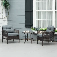 Outsunny Conjunto de Muebles de Ratán Juego de 3 Piezas de Jardín 2 Sillones 65x66x75 cm y Mesa de Vidrio Templado 50x50x50 cm con Cojines Acolchados para Terraza Patio Marrón y Gris(m-10)