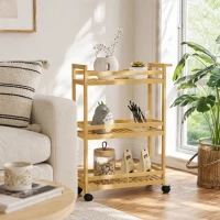 HOMCOM 3-Tier Bamboo Storage Trolley on Wheels with Handle for Kitchen, Office, Bathroom(m-9)