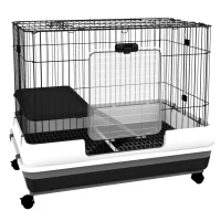 PawHut Gabbietta per Conigli Porcellini d'India in Metallo Nero con 2 Porte e Vassoio Estraibile 81.2x52.7x70cm(m-1)