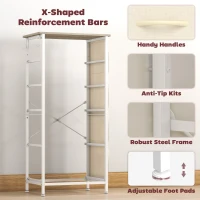 HOMCOM Chest of Drawers, Dresser with 5 Fabric Drawers, Tall Storage Unit with 4 Pockets and 2 Hooks Steel Frame, Natural Wood(m-7)