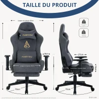 Chaise gaming avec repose-pieds, simili-suède respirant, réglable en hauteur avec vérin à gaz, pivotante, 70x70x135 cm, Gris(m-3)