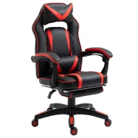 HOMCOM Fauteuil gamer, chaise gaming, siège de bureau réglable, avec repose-pieds et coussin, pivotant inclinable revêtement synthétique noir rouge(m-12)