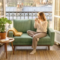 HOMCOM 2-Sitzer-Sofa, 134 cm Cord-Sofa mit Taschenfedern, dicker Rückenlehne, Holzlatten-Akzent, Grün(m-9)