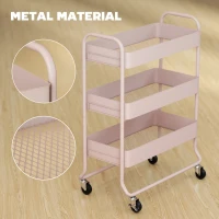 HOMCOM 3-Tier Storage Trolley on Wheels, Rolling Utility Cart with Mesh Backets for Kitchen, Bathroom, Bedroom, Light Pink(m-6)