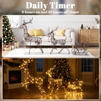 Outsunny 3-Piece Lighted Reindeer and Sleigh Set, PP Rattan Outdoor Christmas Decoration with LEDs, 8 Modes, Daily Timer(m-6)