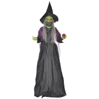 HOMCOM Heks met Giftappel, Halloween Decor, Griezelige Geluiden, Rode Ogen, Beweegbare Armen, 180 cm(m-1)
