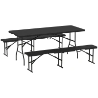 Outsunny Picknicktafel en Banken, 3-Delige Set, Opvouwbaar, Kunststof, Metaal, Zwart(m-1)