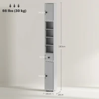 kleankin 180cm Slim Bathroom Cabinet, with Drawer, Shelves and Cupboards - Grey(m-3)