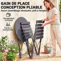 Outsunny Ensemble Bistrot de Jardin 3 Pièces Table et 2 Chaises Pliantes à Lattes Double Protection Antirouille Noir(m-6)