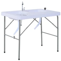 Outsunny Mesa Plegable Multifuncional 2 en 1 Mesa+Estación de Limpieza Mesa de Picnic con Grifo y 2 Fregaderos para Pesca Jardín Camping Barbacoa Exteriores 101x66x81cm(m-11)