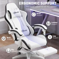 Vinsetto Gaming Chair, Computer Gamer Chair with Reclining High Back, Headrest, Lumbar Support, Footrest, Swivel Wheels, PU Leather, Adjustable Height for Home, White and Black(m-4)