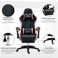 Vinsetto Chaise gaming fauteuil gaming ergonomique avec dossier inclinable à 135° et soutien lombaire, 65 x 65 x 121-129 cm rose(m-7)