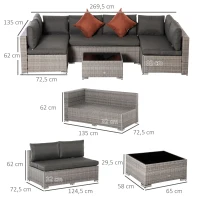 Outsunny Conjunto de Muebles de Jardín de Ratán 4 Piezas Mesa de Centro de Vidrio Sofá Doble y 2 Sofás Esquineros con Cojines Desenfundables para Terraza Exterior Gris(m-3)