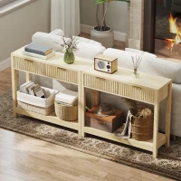 HOMCOM Modern Console Table with Fluted Panel Drawers, Narrow Hallway Table with Shelf for Entryway, Living Room, 90 x 30 x 76 cm, Natural Wood Finish(m-9)