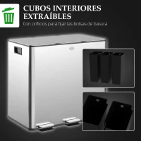HOMCOM Papelera Cocina de Acero Inoxidable con 3 Compartimentos 3x15L con Pedales Tapas de Cierre Suave y Cubo Extraíble Plata(m-7)
