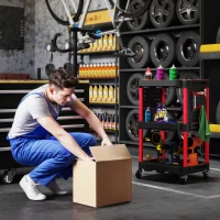 HOMCOM Cărucior pentru Unelte cu 3 Nivele din Plastic cu Panou Lateral Perforat, Negru și Roșu(m-7)
