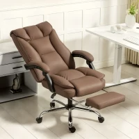 HOMCOM Silla de Escritorio con Reposapiés Respaldo Reclinable Acolchado Grueso Tapizada en Cuero Sintético Marrón(m-10)