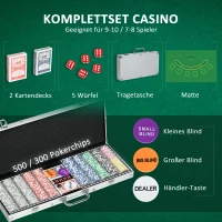 SPORTNOW Casino accessoires en chips pokerset met pokerchipkoffer, inclusief onderlegger, 500 chips, set voor 9-10 spelers, zilver(m-4)