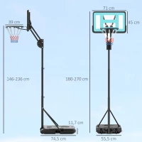 SPORTNOW Basketballkorb, 146-236 cm höhenverstellbar, Basketballständer, rollbar, Stahl, Kunststoff, Schwarz(m-3)