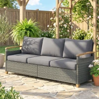 Outsunny 3 Seater Rattan Garden Sofa, PE Wicker Outdoor Sofa Wide Deep Seat, 4" Cushions, Wood-Effect Armrests Legs, Dark Grey(m-14)
