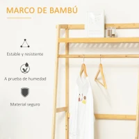 HOMCOM Perchero de Pie de Bambú Perchero Trapezoidal con Estantería de 3 Niveles con Barra y Colgador 70x42x164 cm Natural(m-5)