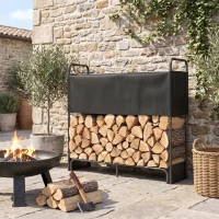 Outsunny Leñero para Interior y Exterior en Acero Galvanizado con Cubierta y Bolsa en Oxford 600D, Capacidad 300 kg, Negro(m-4)