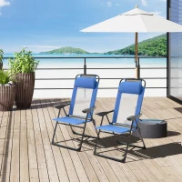 Outsunny Folding Garden Chairs Set of 2, 5-Position Recliner Camping Chair with High Back, All Weather Texteline Seat, Portable Outdoor Dining Chairs with Headrests for Patio, Picnic, Blue(m-2)