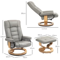 HOMCOM Relaxfauteuil met Voetenbankje, Draaibaar & Kantelbaar, Kunstlederen Bekleding, tot 150 kg, Houten Frame, Grijs(m-3)