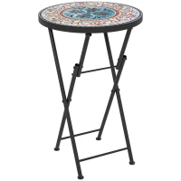 Outsunny Mozaïek Tuintafel, Opvouwbare ronde terrastafel met Metalen Frame en Keramische Tafelblad, Mozaïekpatroon, Meerkleurig(m-10)